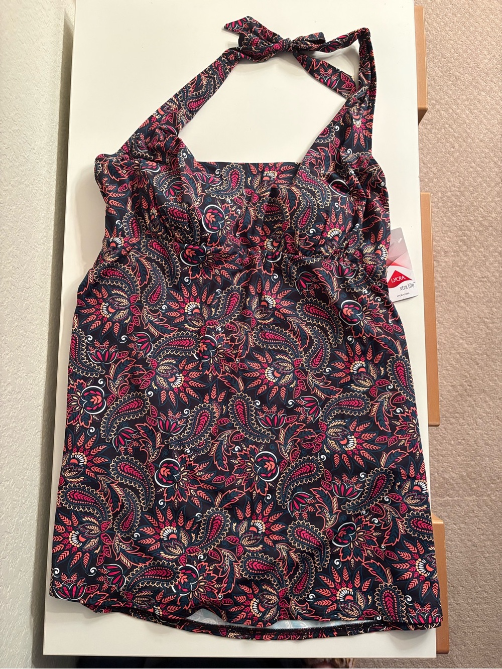 Lands' End Navy Paisley Halter One-Piece Swimdress with Pink Accents